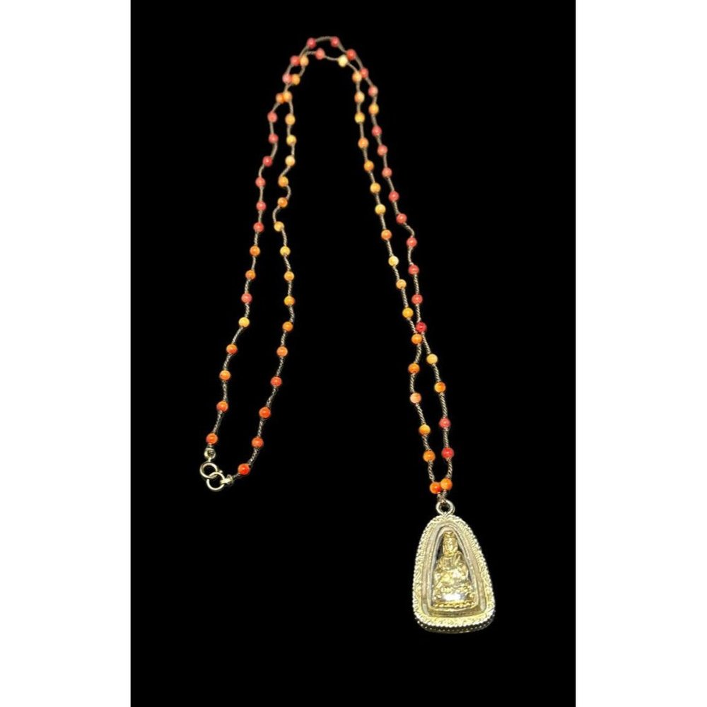 Vintage Shriner Mary Gold Tone Encased Pendant Red Coral Beaded Cord Necklace